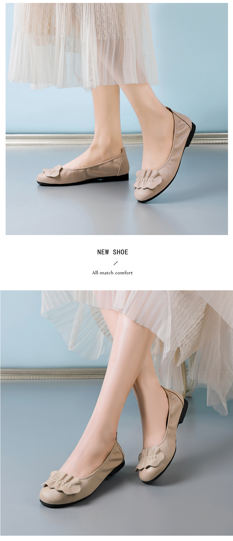 Giày lười nữ da thật mũi tròn đế mềm cổ thấp form rộng — màu be chi tiết 31