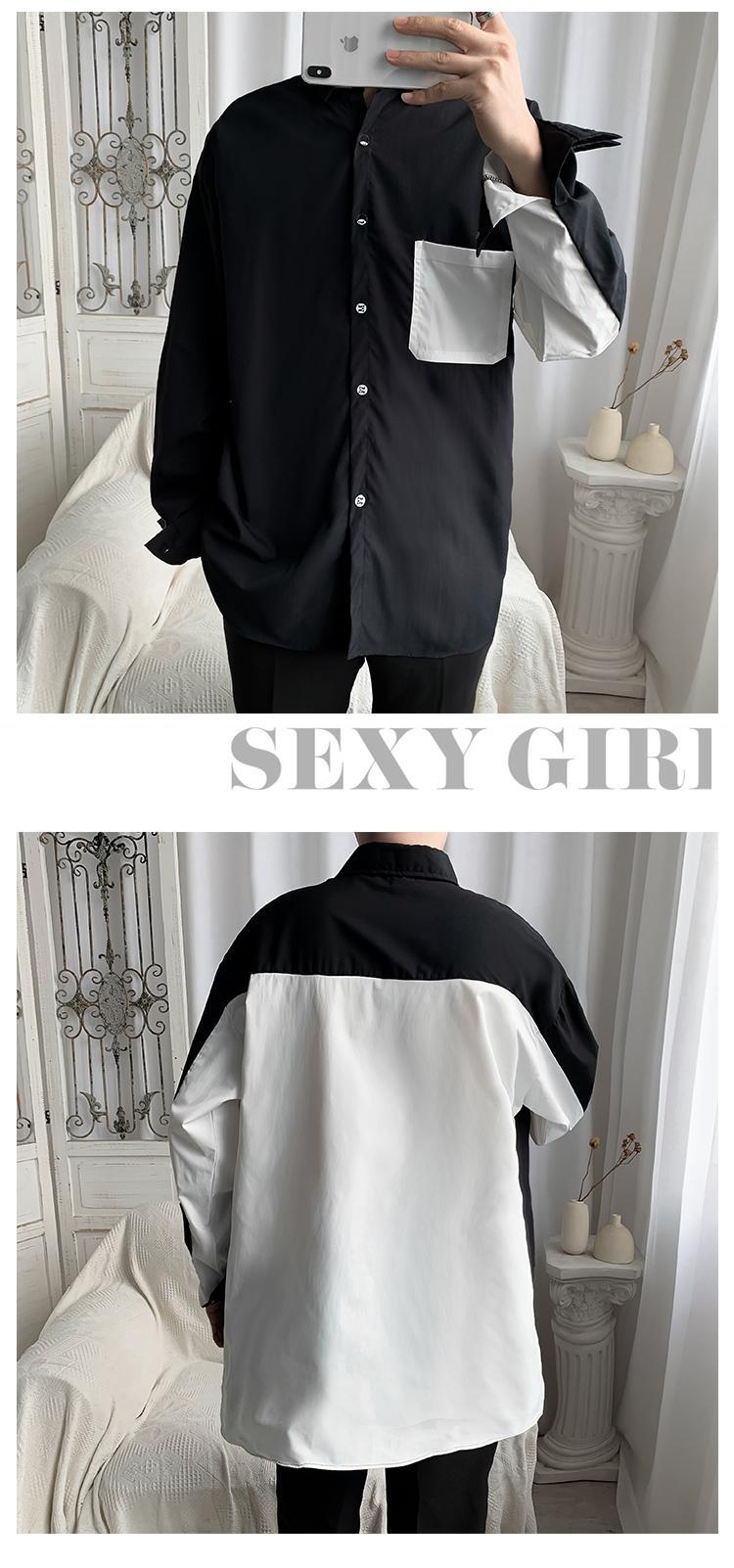 Men's Black And White Patchwork Long Sleeve Casual Shirt Trendy_voghion.com