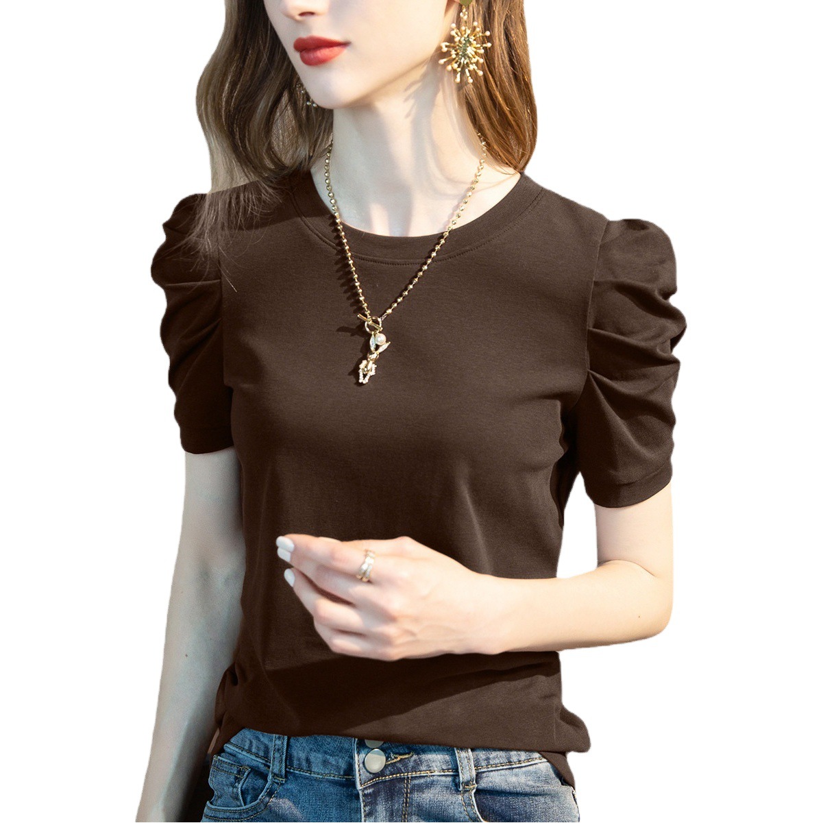 1688 ropa al por mayor de manga corta Camiseta para las mujeres nuevo color sólido de media manga de algodón camiseta plisada puff manga diseño superior para las mujeres