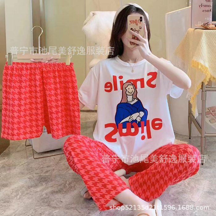 Pajamasクロスボーダー外国貿易工場卸売パジャマ女性半袖ショートパンツ長ズボン三点セット漫画ホームスーツ|undefined