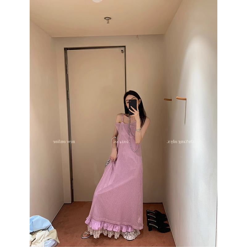 Ouyang Cut Out Knitted Vest Dress Women's Summer Loose Lace Suspender Long Skirt Two-Piece Set