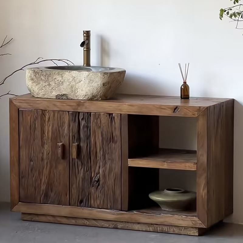 Old Elm Bathroom Cabinet Solid Wood Retro Washbasin Log Old Washbasin Combination Cabinet B&B Hotel Washbasin