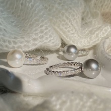 S925纯银正圆施家强光珍珠戒指皓石开口戒女高级感小众设计感指环