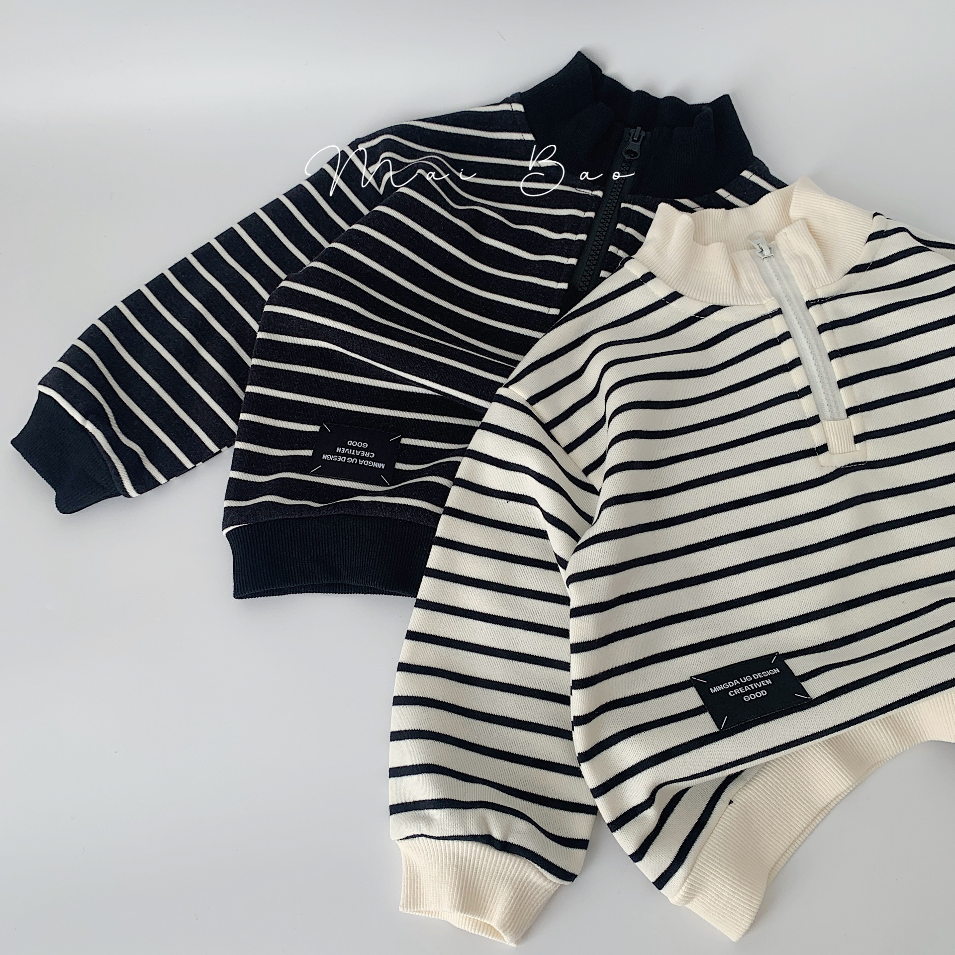 麥寶兒童衛衣2024春季新品寶寶拉鏈套頭衫男女童條紋圓領上衣童裝