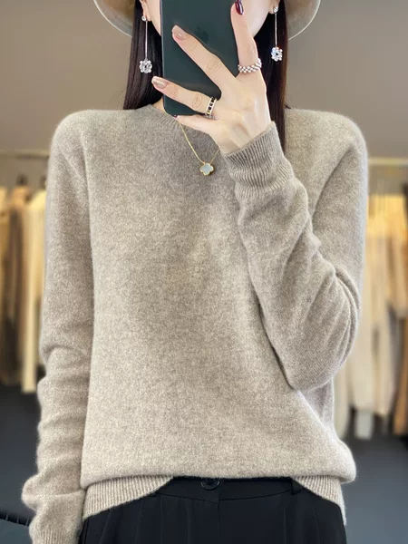 Spring, Autumn, and Winter Seamless Wool Sweater for Women, Round Neck Pullover, Loose Cashmere Base Sweater, Popular Live-Stream Item