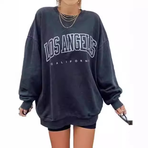 Amazon European and American Style Oversized Loose Letter Printed Sweatshirt Sports Long-Sleeved Round Neck Pullover Casual Top