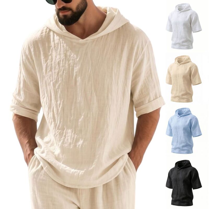 Cross-Border Summer Pure Linen Hooded Half-Sleeve White Short-Sleeve T-Shirt for Men, Loose Mid-Sleeve Cotton-Linen Trendy Linen Shirt Cross-Border Summer Pure Linen Hooded Half-Sleeve White Short-Sleeve T-Shirt for Men, Loose Mid-Sleeve Cotton-Linen Trendy Linen Shirt
