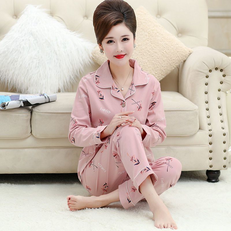 Middle-aged Pajamas Female Spring and Autumn Middle-aged Mother Long-sleeved Cardigan plus size Elderly Home Clothes Thin suit