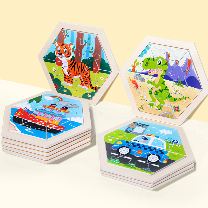 Rompecabezas de animales de dibujos animados tridimensional creativo para niños hexagonales rompecabezas de Educación Temprana de Madera Juguetes cognitivos de tráfico de frutas y verduras