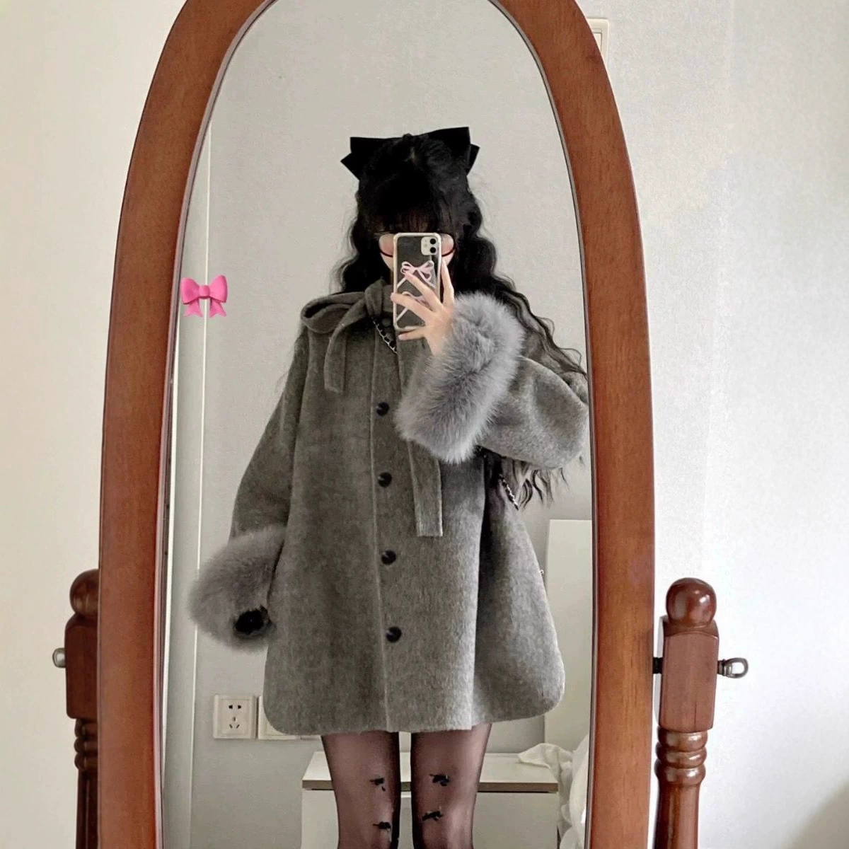 Серый хепберн стиль новый маленький человек бант пальто шерстяное пальто женский плащ шерстяной ткани осенний и зимний