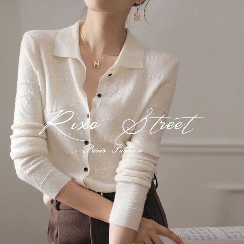 Jinzhang Apparel/ 26 Spring New Vintage Elegant Slim Fit Polo Collar Knitted Cardigan Stylish Top
