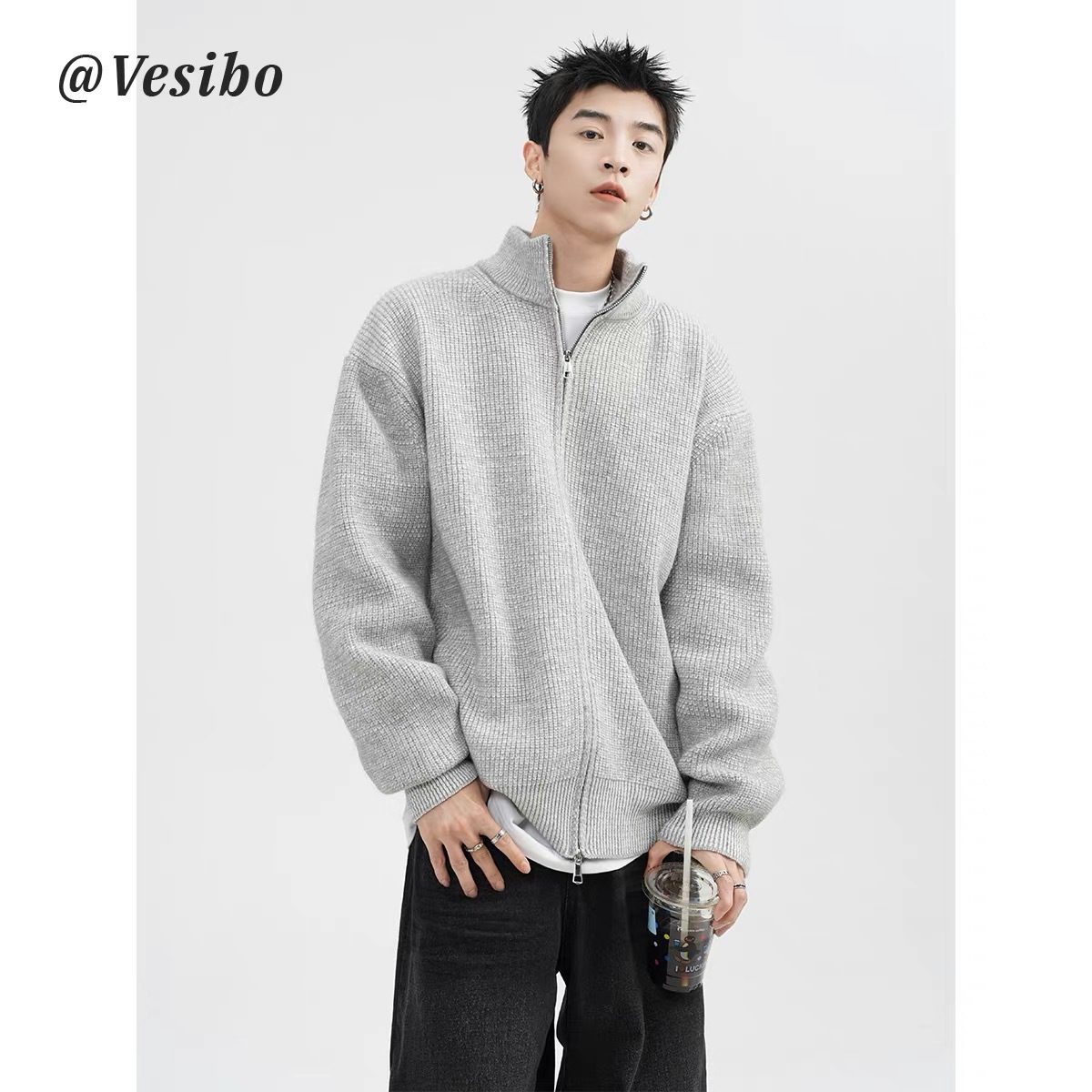 Cleanfit Zipper Cardigan Stand Collar Knitwear Men's Autum Loose Lazy Style Knitwear American Retro Jacket