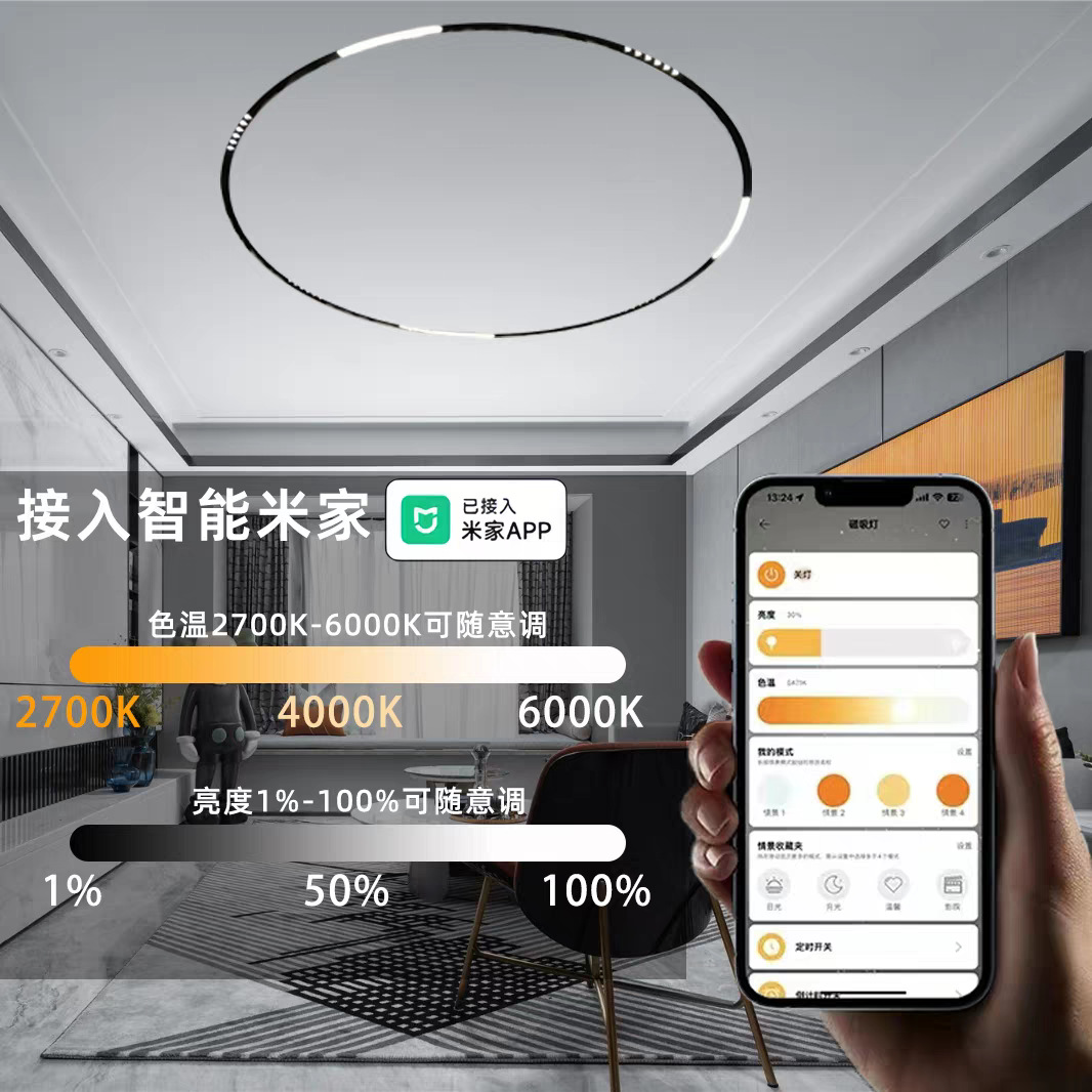 Luz de pista de atracción magnética anular, luz de reflector de riel redondo inteligente incrustada sin borde de montaje oculto para sala de estar dormitorio comedor