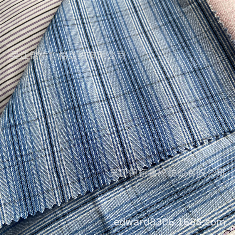 全涤色织水洗绒条子大提花衬衫布50+75D加捻皱布泡泡布千鸟格子布