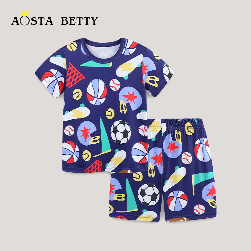 AostaBetty verano nuevo estilo ropa para el hogar de dos piezas traje de manga corta para niños con estampado de fútbol de estilo europeo y americano