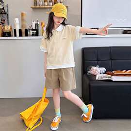 女童POLO衫套装夏季2026新款洋气儿童短袖T恤韩版女孩短裤两件套
