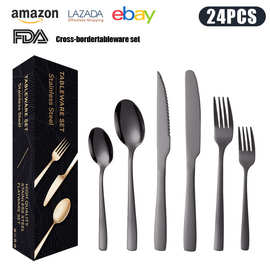 跨境热销方柄不锈钢餐具套装48件套牛排刀叉金色勺子刀叉勺子套装