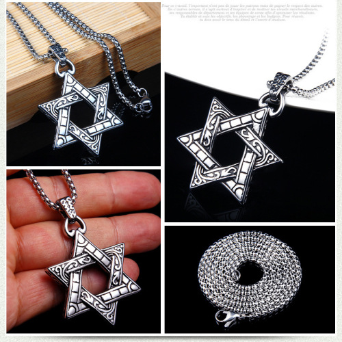 Cross-border e-commerce supply European and American stainless steel hexagram necklace men's trendy hollow retro double-sided hexagram pendant