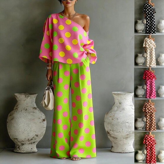 2026 European and American Cross-Border Summer Amazon New Independent Brand Colorful Polka Dot Off-Shoulder Flowy Two-Piece Pants Set for Women 2026 European and American Cross-Border Summer Amazon New Independent Brand Colorful Polka Dot Off-Shoulder Flowy Two-Piece Pants Set for Women
