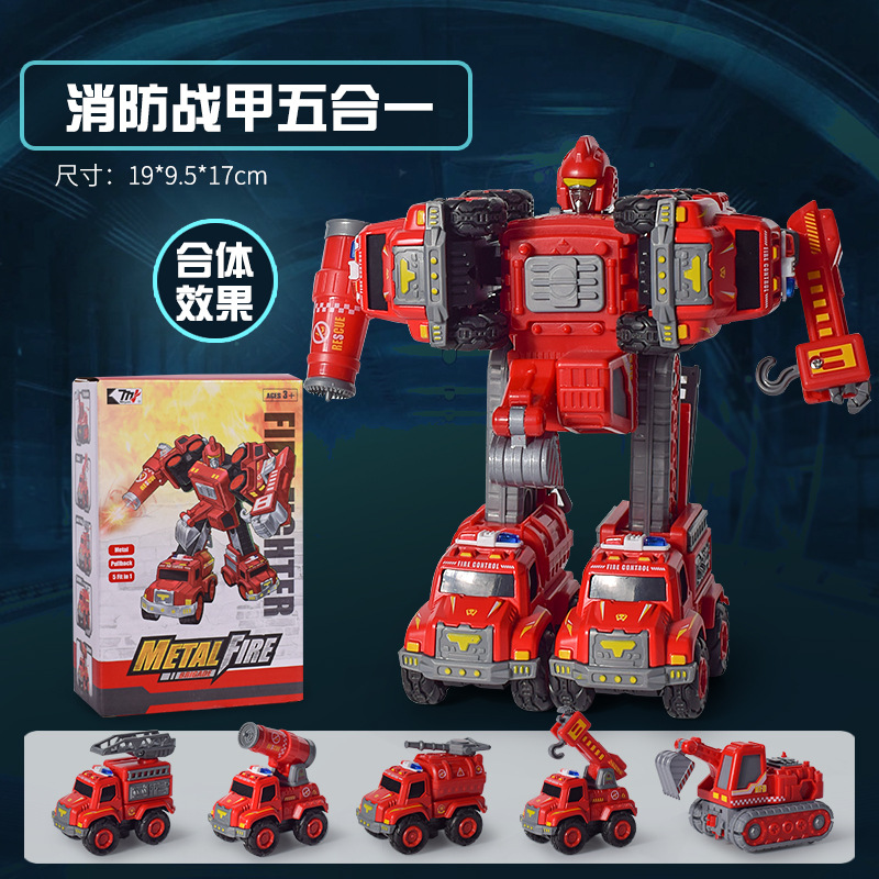 Transfronterizo dinosaurio montado deformación cinco en uno de los niños de ingeniería de incendios vehículo excavadora carro de la suciedad niño juguetes educativos