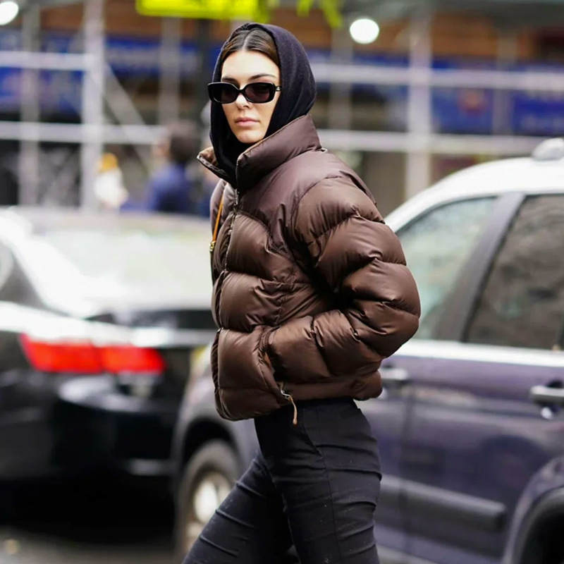 Ken Dou Street Pat Same Style Retro Brown High Waist Vertical Collar Down Jacket Women's Autumn and Winter Super Fluffy Stitching Curved Bread Suit