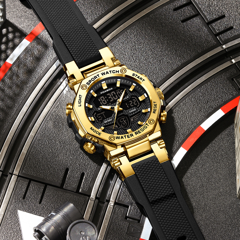 FOXBOX Reloj electrónico de doble pantalla para hombre Reloj electrónico impermeable Reloj despertador cronógrafo luminoso Reloj deportivo para estudiantes 0062