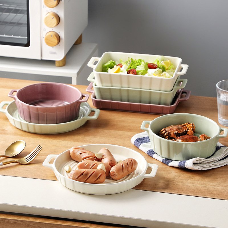 3D pattern creative ceramic baking plate binaural plate with handle Nordic oven microwave oven large plate household Internet celebrity tableware