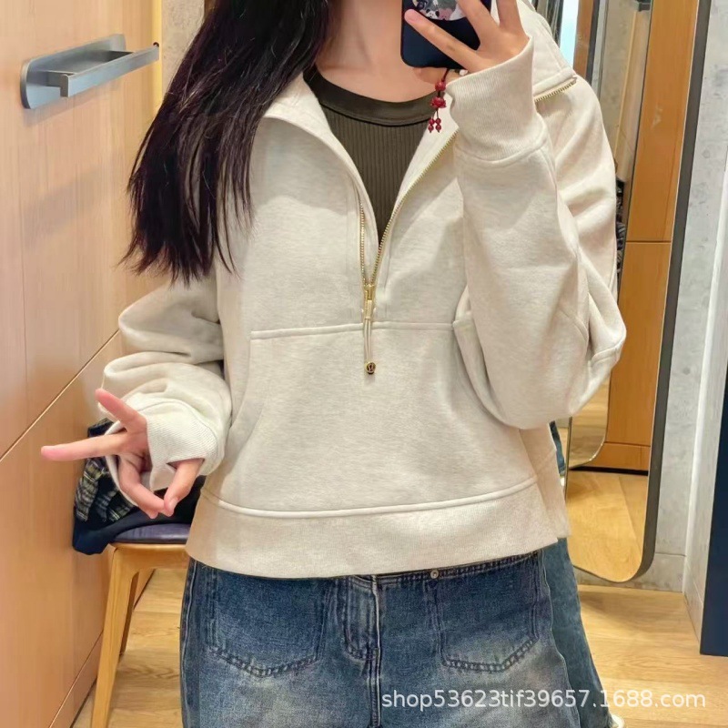 Lulu Original Standard Scuba Sweatshirt Women's Style Chimney Stand Collar Jacket Half Zipper Loose Velvet Pure Color Jacket