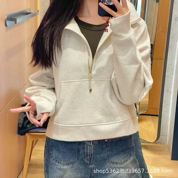 Lulu Original Standard Scuba Sweatshirt Women's Style Chimney Stand Collar Jacket Half Zipper Loose Velvet Pure Color Jacket