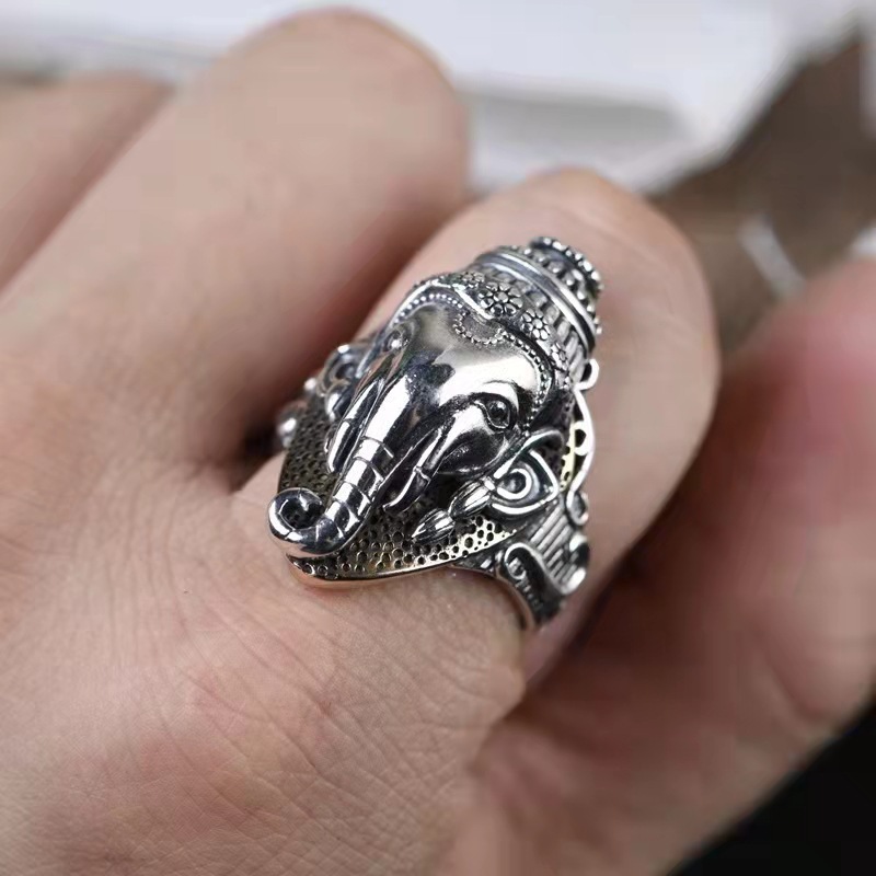 Retro Thai Auspicious Elephant God Thai Silver Elephant Ring Men's Live Mouth Large Size Ring Men's Ring Single Ring Jewelry Wholesale