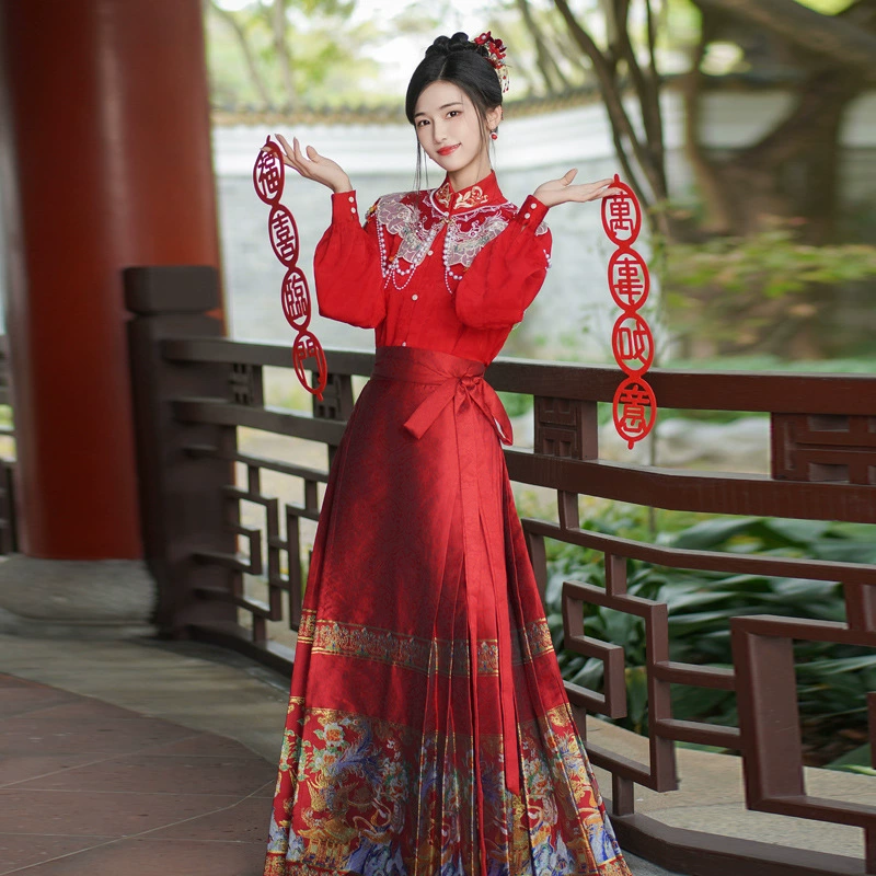 Реальный выстрел красочное красное Тканое Золотое Платье Макси ханьфу женский костюм тост обручальный костюм Новый китайский стиль Национальный стиль в наличии