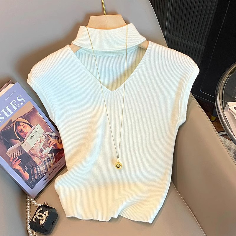 French-Style Half-High Collar Cut-Out Sleeveless Knitwear for Women 2025 Autumn and Winter New Style Unique and Chic Inner Wear Slim-Fitting Short Vest