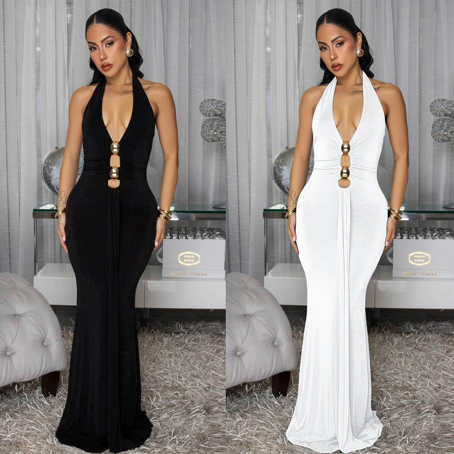 C7599 Aliexpress transfronterizo Amazon Europa y América moda de mujer sexy cuello de espalda descubierto vestido de color sólido V profundo