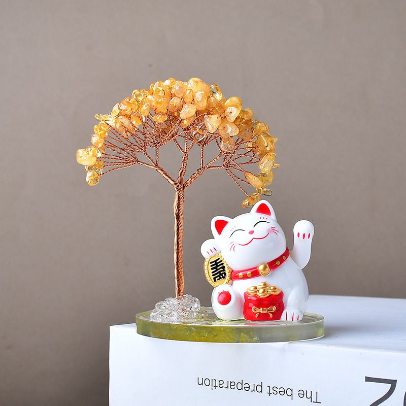 天然水晶フォーチュンツリー招き猫装飾品車ホームオフィスレジデスクトップアクセサリークリスマスギフト|undefined