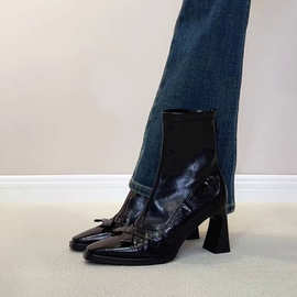 真皮气质短靴女巨好看高跟鞋粗跟方头黑色马丁靴蝴蝶结法式瘦瘦靴