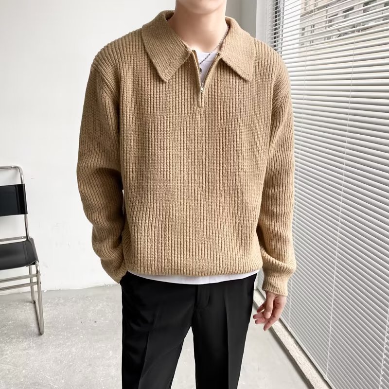 Retro coreano chic otoño e invierno estilo perezoso cuello POLO hilo suelto casual suéter de punto de manga larga para hombre