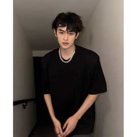 美式重磅垫肩短袖男夏季cleanfit纯黑色正肩T恤高级感精梳棉半袖