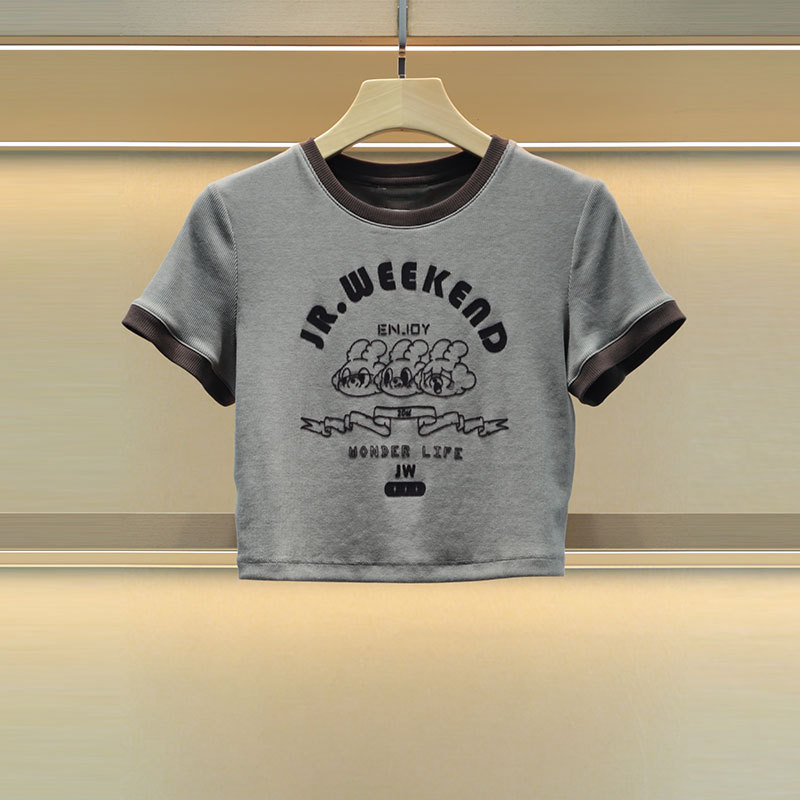 Mo Shu Wei Ya 2025 Summer New Joint Flocking Printed Slow Rabbit College Contrast Short Sleeve T-shirt 0206C