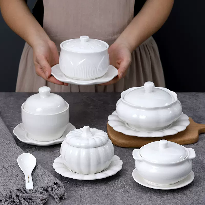 纯白4寸炖盅带盖酒店日用陶瓷餐具燕窝碗翅燕隔水炖碗人参汤盅