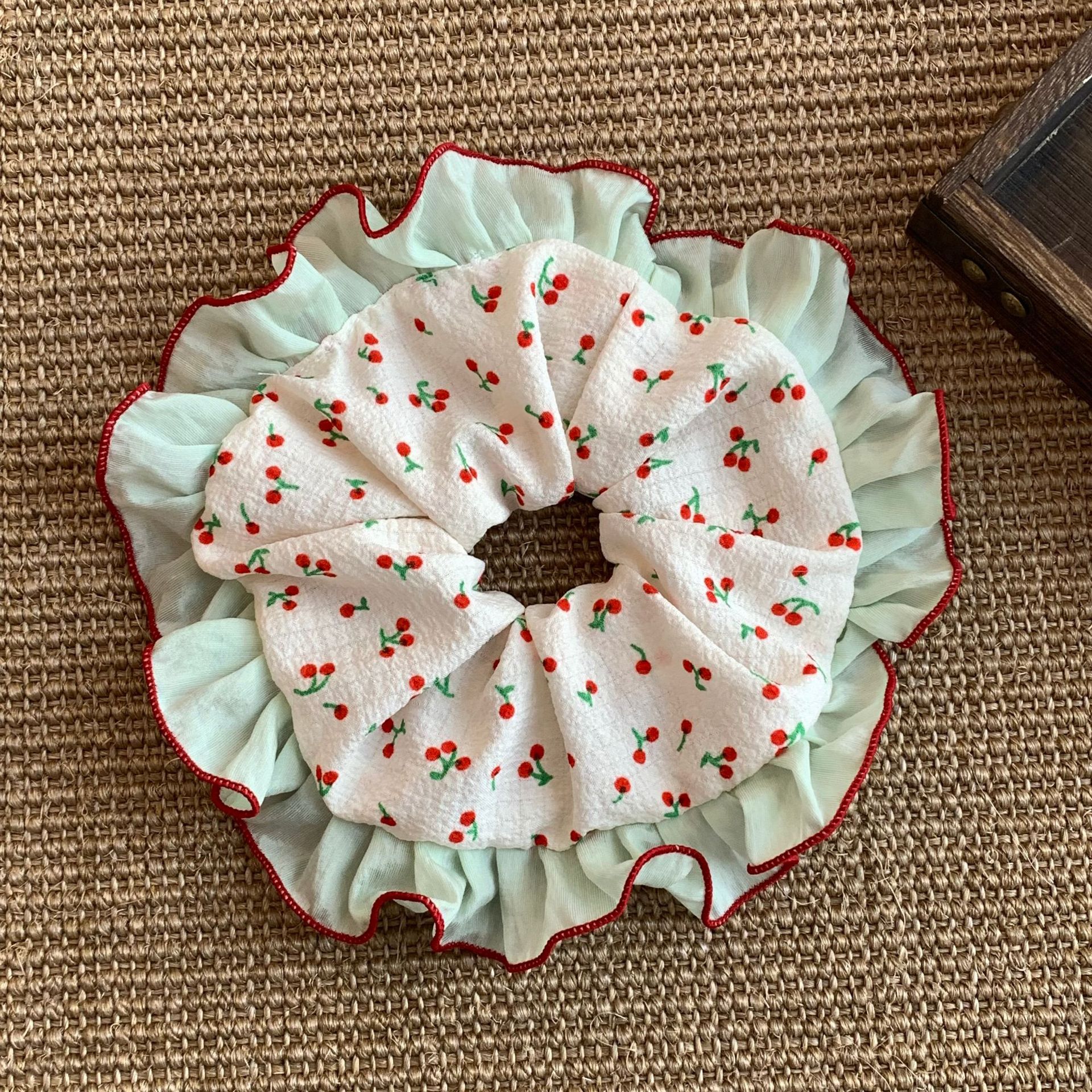 Verano rojo cereza textura de hilo suave bowknot coreano floral doble hechizo nuevo intestino grueso anillo para el cabello cuerda para el cabello accesorios para el cabello