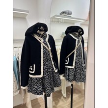 2025秋季110-160女童绵羊毛樱桃图案黑白撞边长袖羊毛衫法式童装