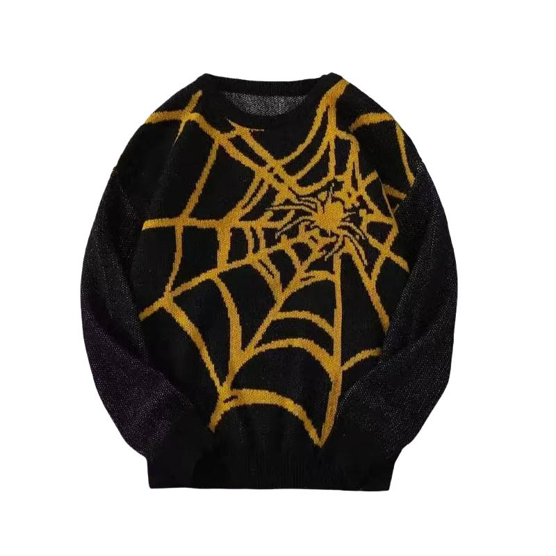 Mode Herren Herbst Neuer Rundhalspullover Amerikanisches Spinnennetzmuster Jacquard Gestricktes Basishemd_voghion.com