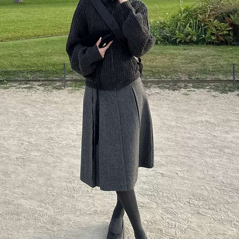 人字纹A型褶裥裙2025新款半身裙高端女秋冬季半裙加厚a字裙