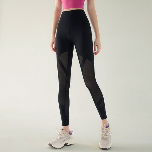 Cross-border sexy mesh yoga pants, high-waisted, hip-lifting, tight-fitting, slimming, spring and autumn thin outer wear sports trousers, trendy