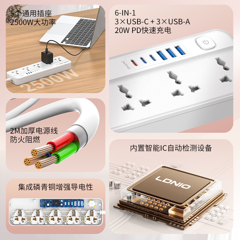Enchufe de línea estándar europeo de comercio exterior LDNIO, enchufe de alta potencia estándar estadounidense, enchufe de múltiples enchufes universal, enchufe de cable USB