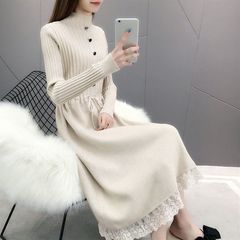 2025 秋冬ボトリングシャツレースセーターニットハーフタートルネックレースアップファッションスリムコートドレス婦人服