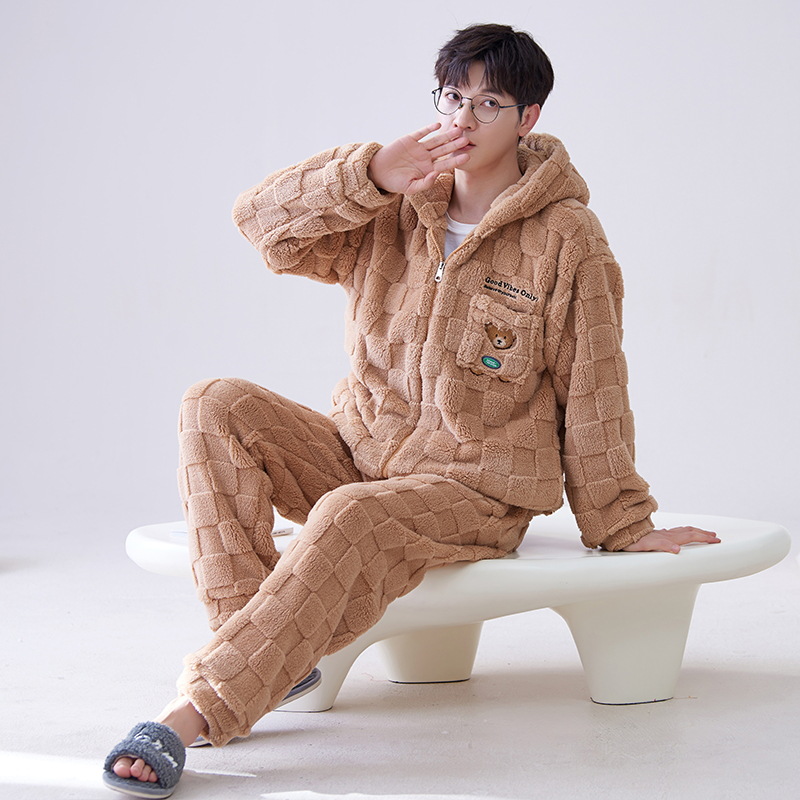Pijamas Otoño e Invierno de los hombres de lana de coral forrado de lana gruesa caliente con capucha franela suelta más tamaño homewear traje