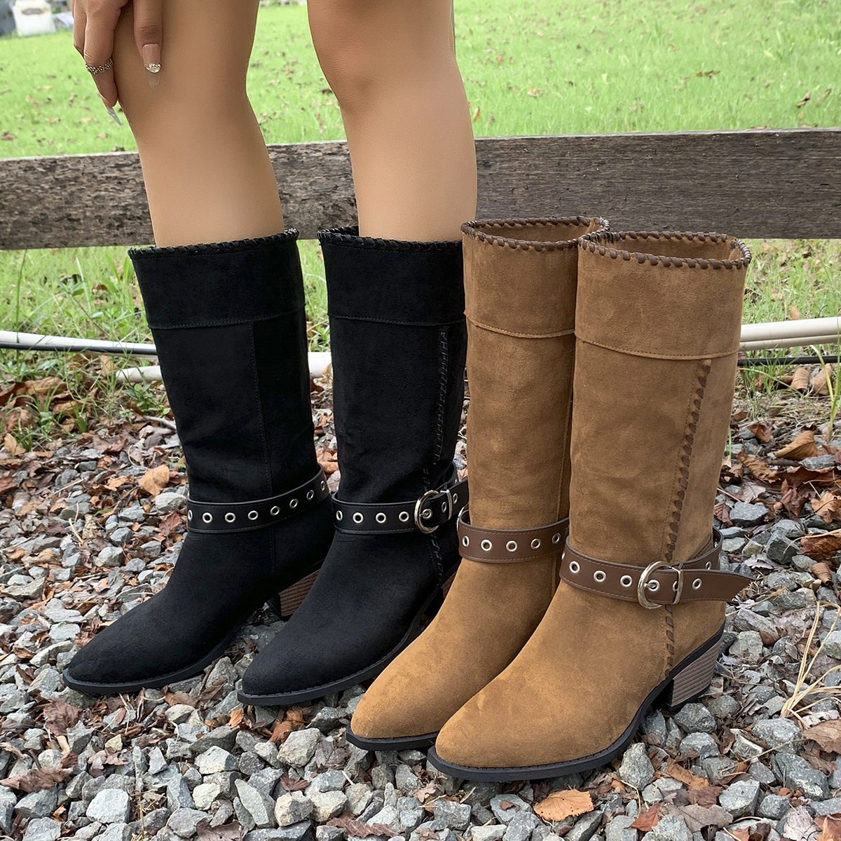 Women's High Top Suede Western Boots Belt Buckle Pointed Toe Mid Heel Riding Boot Plus Size Autumn New Style Black_voghion.com
