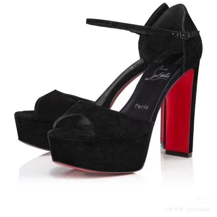Black Suede Peep-Toe Chunky High Heels for Women with Red Soles, Fashionable European and American Style Wedding Shoes