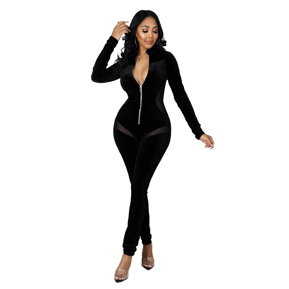 Tight-Fitting Gold Velvet Stitching Long-Sleeved Jumpsuit NSZH93875